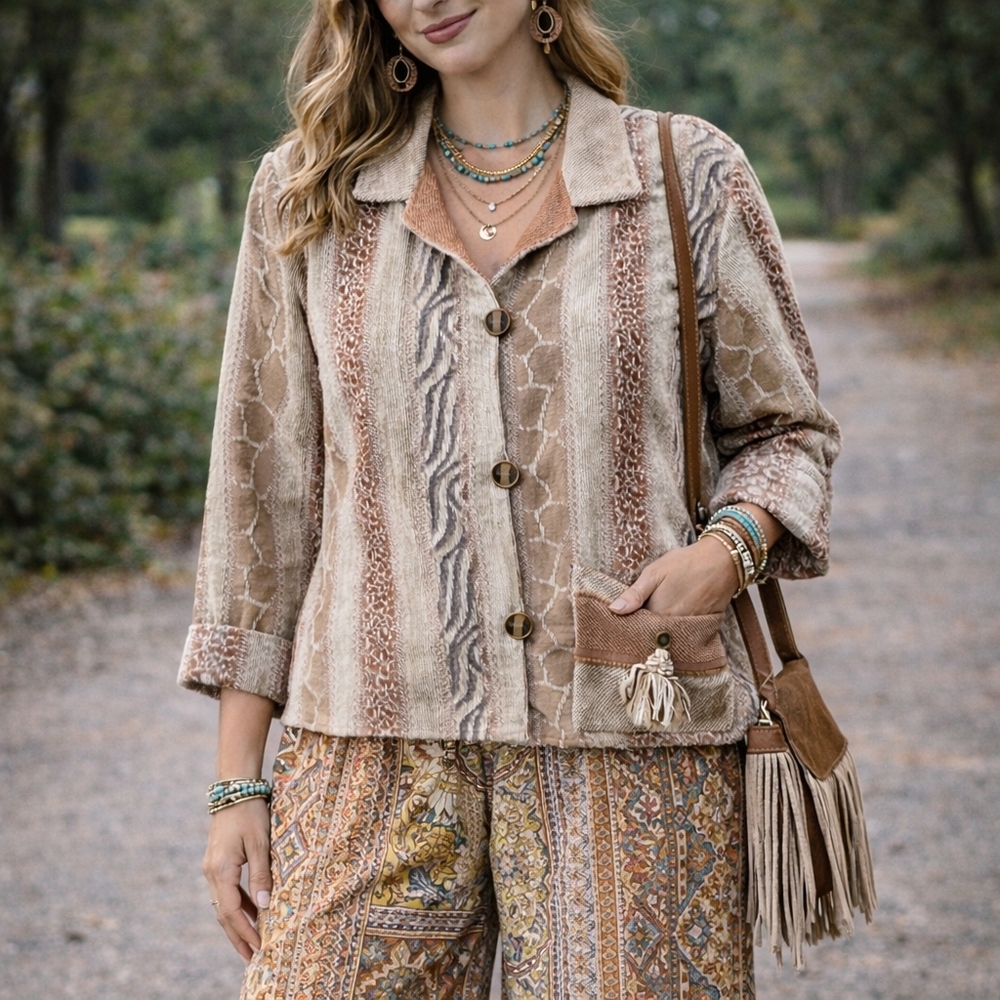Vintage Boho Textured Stripe Button Jacket Western Earth Tone Shacket